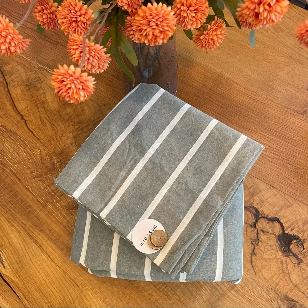 NEW West Elm Boho Green Stripe Queen / King Cotton Linen Bedding Duvet Sham Set